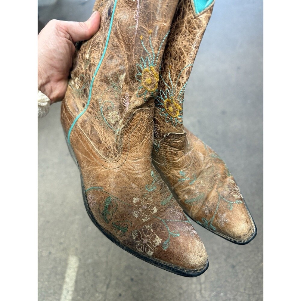 Girls Western Boots Distressed Brown Turquoise Floral Embroidered Size 4.5